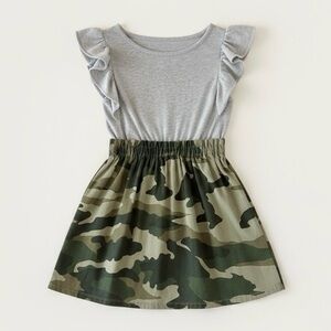 J.Crew Crewcuts Gray Ruffle Top Green Camo Skirt Dress Girls 4 Mixed Media